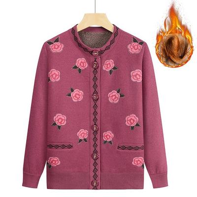 Mom Cardigan Top Female Grandma Round Neck Pattern Knitted Sweater Plus Velvet Thickened Autumn Clothes for Middle-aged and Elderly People