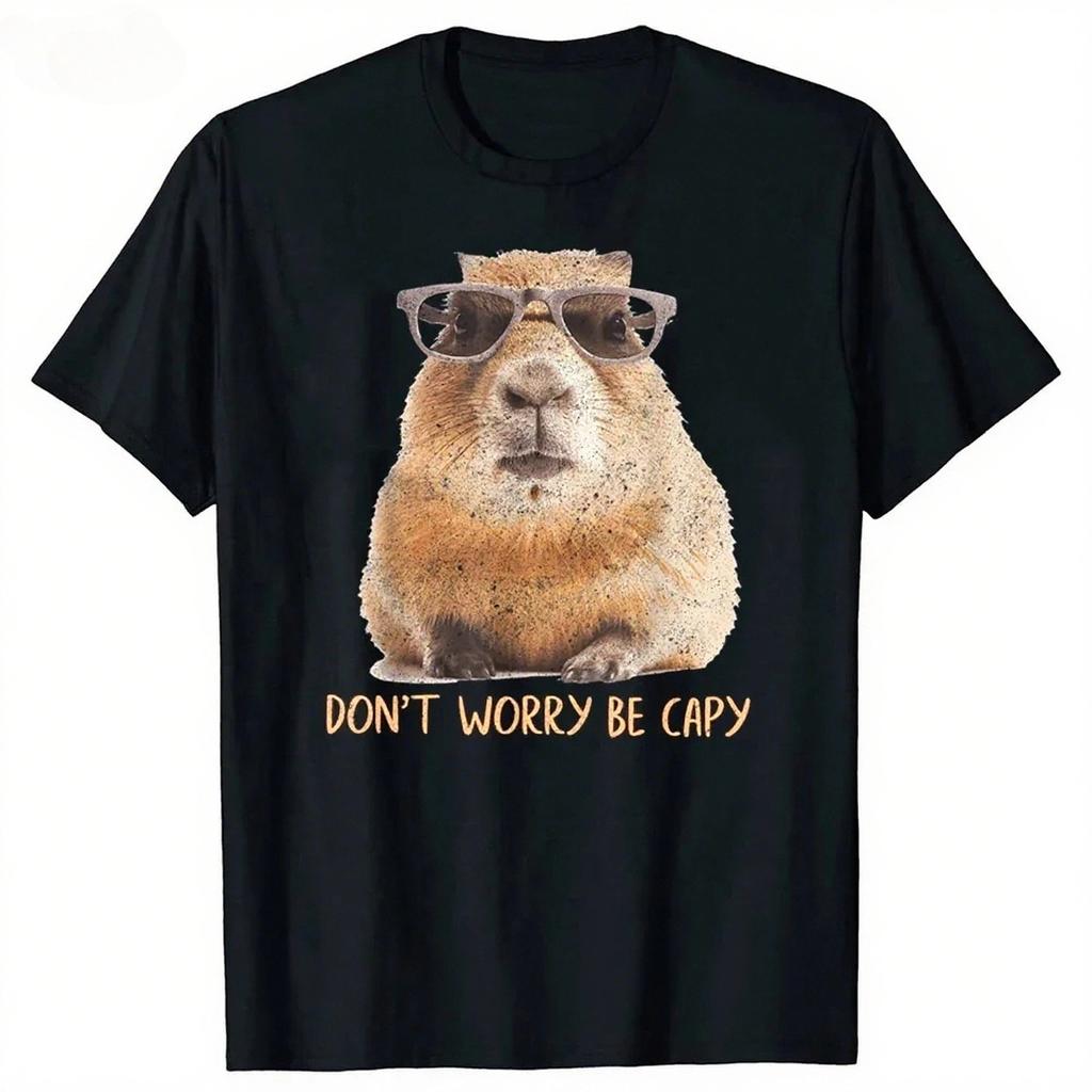 Funny Dont Worry Be Capy Capybara Retro T Shirts Tee Tops Round Neck Short-Sleeve Fashion Tshirt Casual Breathable Casual Top
