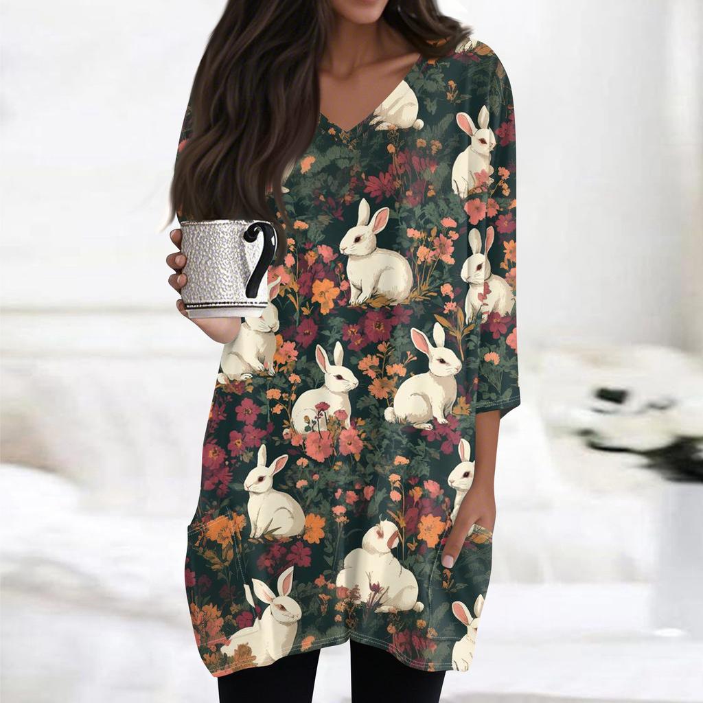 Womens Tops V-neck 3/4 Sleeve Blouses Casual Mid-length Shirts Fashion Print Tunic Tops With Pockets