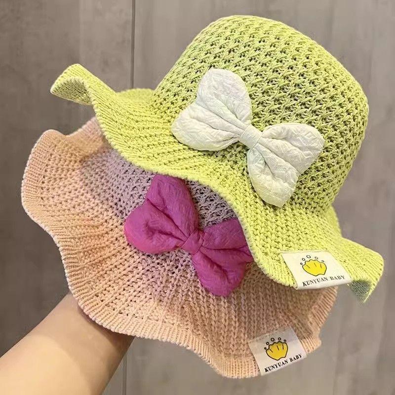 Baby Straw Hat Sweet Cute Summer Big Bowknot Wide Brim Breathable Sunshade Cap For Girls Children Outdoor Travel Beach Hats 3-8Y