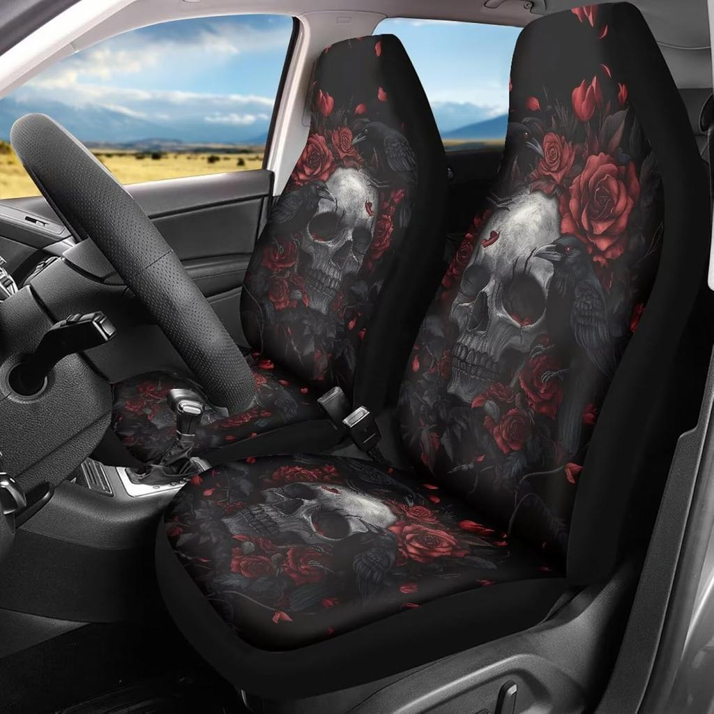 Bulopur Cute Black Gray Skull Set of 2 Car Seat Covers Universal Auto Front Seats Protector Fits for Car,SUV Sedan,Truck