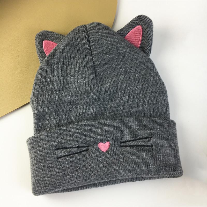 Cute Cat Ear Embroidered Knit Beanie - Women's Warm Winter Hat