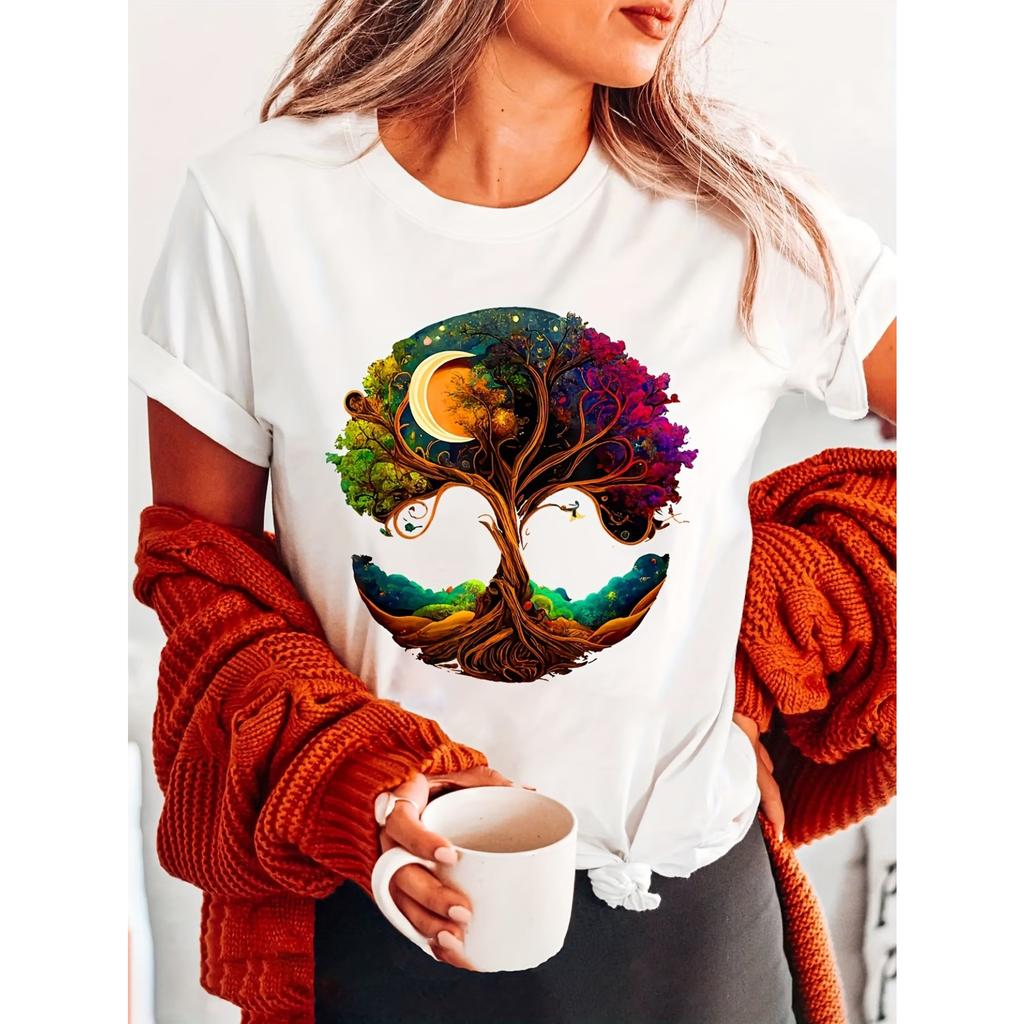Moon Tree of Life Fashion Letter Print T-Shirt, Short Sleeve Crew Neck Casual Top for Summer and Spring, Women'S Apparel