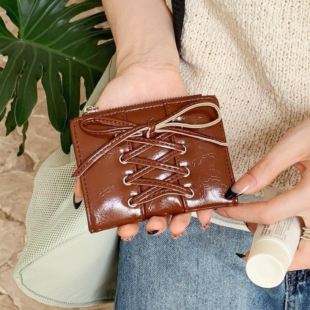 Strap Bow Women Wallets Short Wallets Card Holder Folding Zipper Coin Purse Girl PU Leather Coin Pouch Casual Clutch Bag
