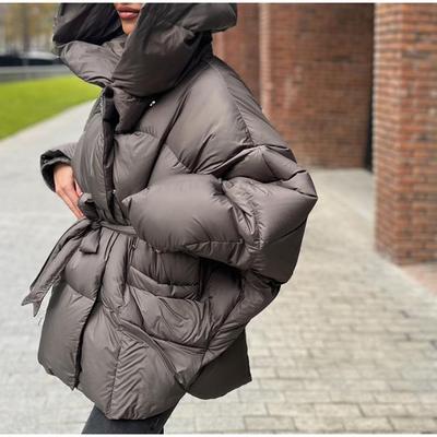 Geacă Pufosă cu Glugă, Mâneci tip Batwing, Talie Legată, Matlasată, Caldă de Iarnă, Îmbrăcăminte Exterioară Femei, Stil Stradă Chic Casual Trendy