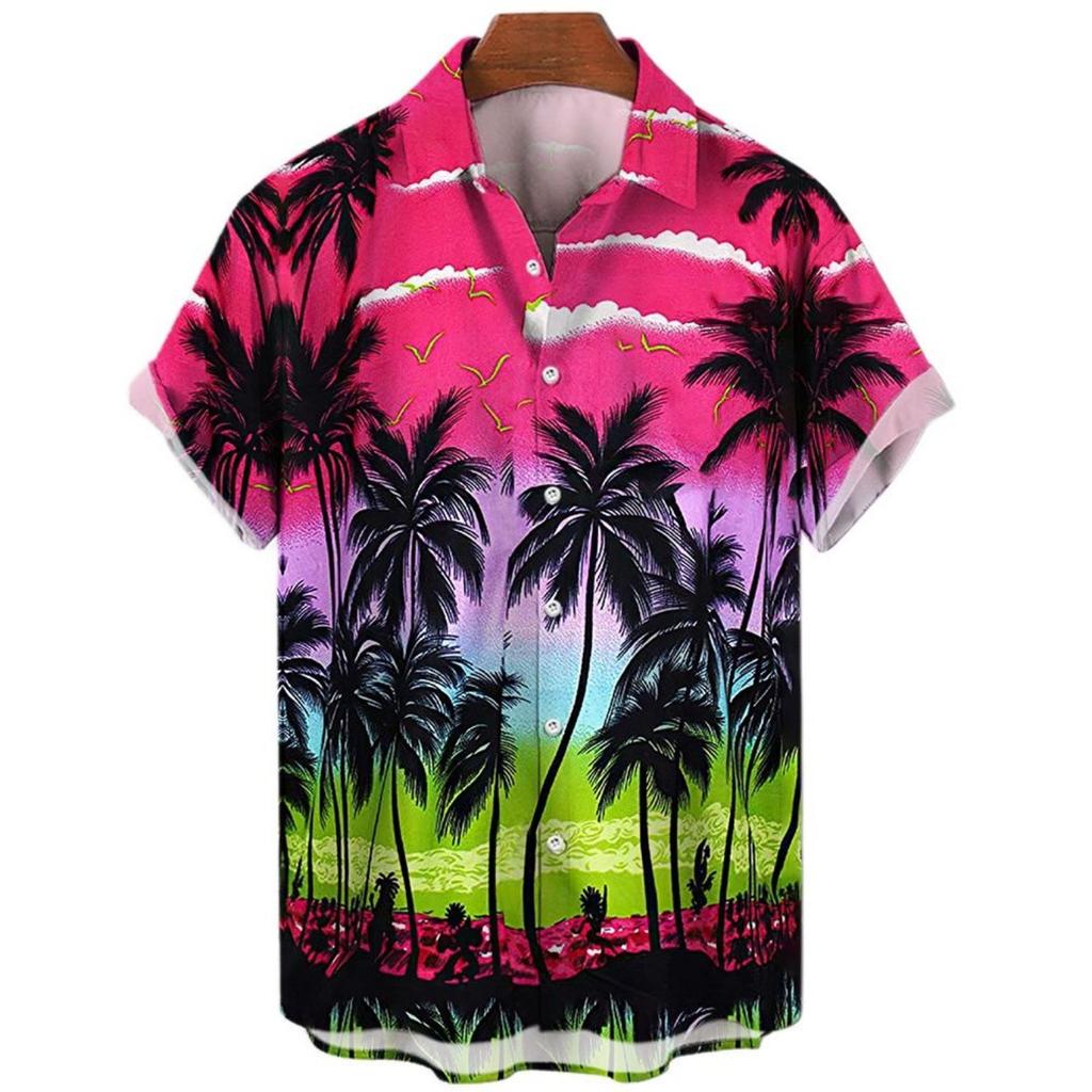 Summer Fashion Men's 3d Hawaiian Shirts Oversized Beach Short Sleeve Coconut Tree Print Shirts Tees