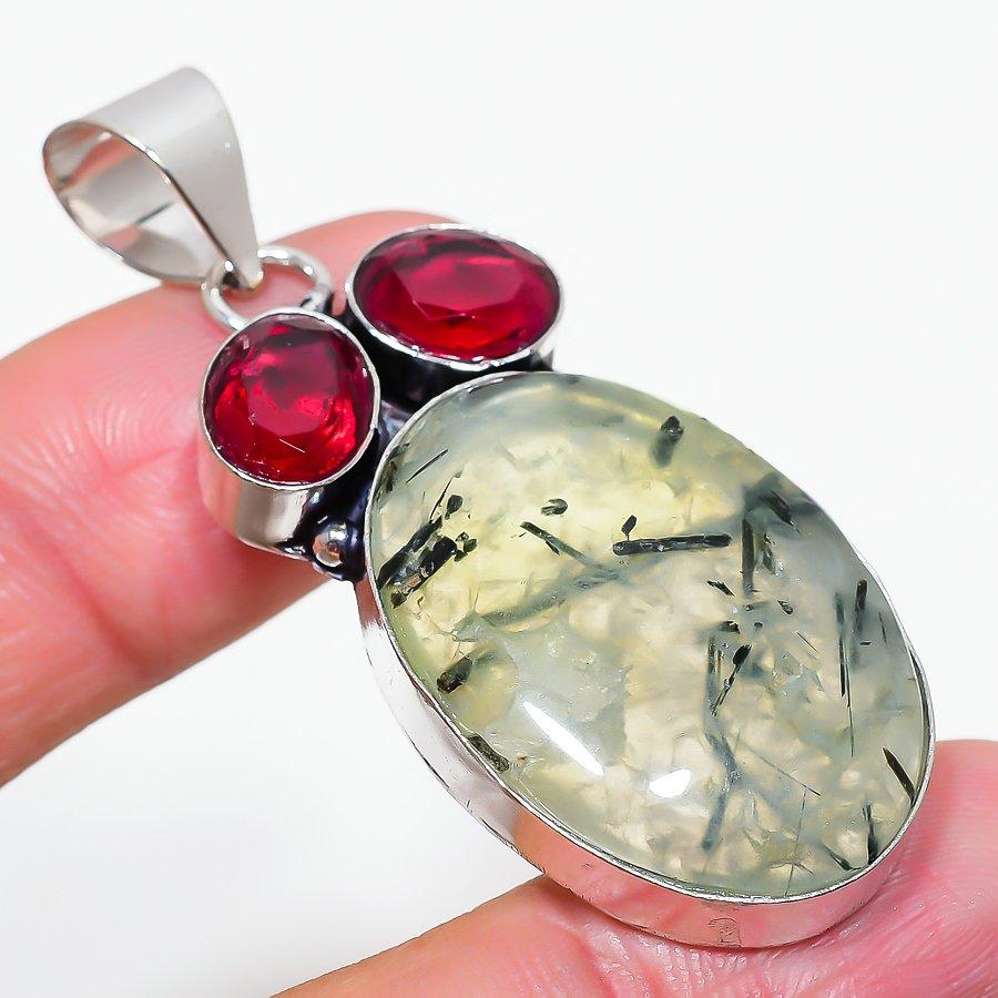 

Natural Prehnite, Rubillite Gemstone 925 Sterling Silver Pendant 2.25 A7o71
