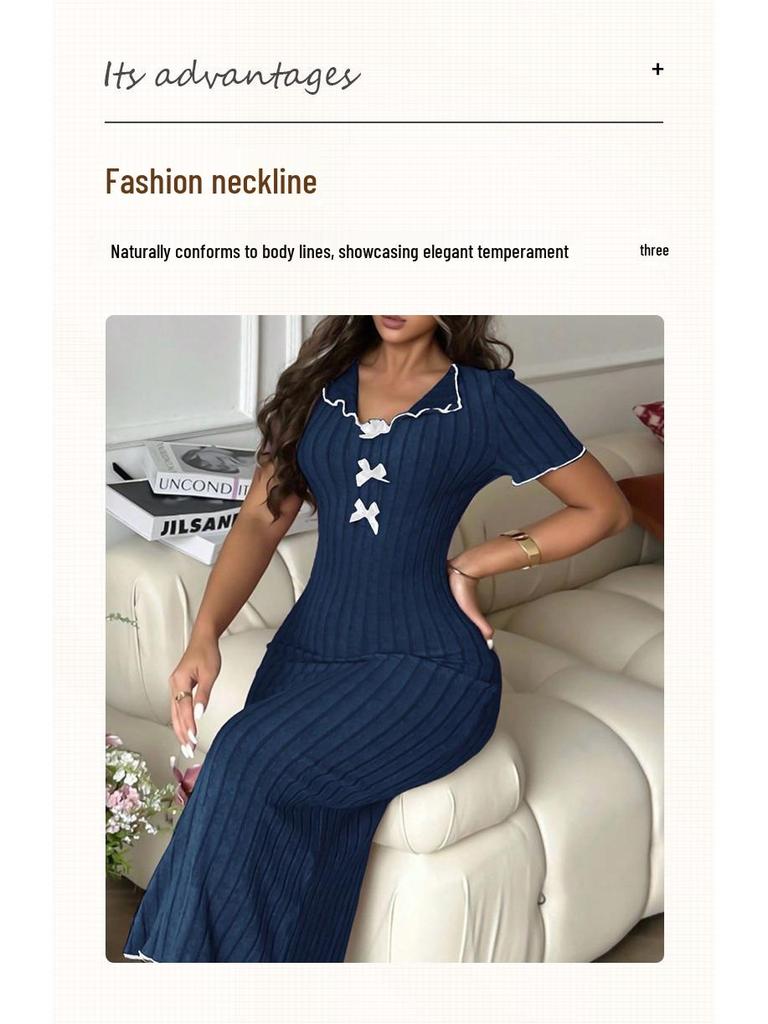 Sweet Bow Women's Mid-Length Nightdress - Early Autumn Pajamas and Home Wear Collection