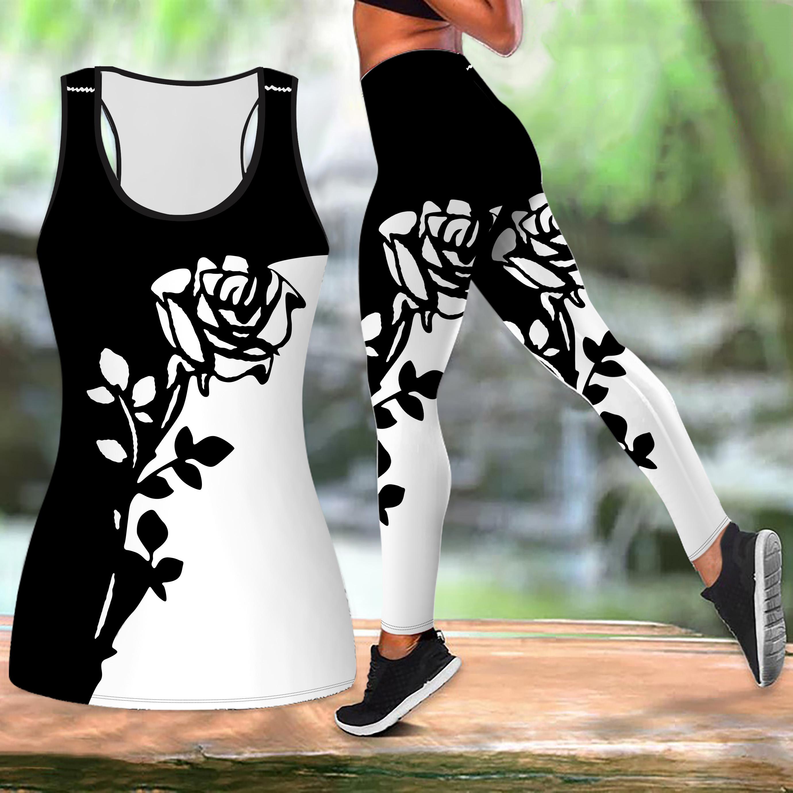

Чорно-білий одяг для йоги з принтом половини троянди для жінок Модні легінси для тренувань Фітнес Спорт Повсякденний набір для йоги Спортивний костюм XS чорний