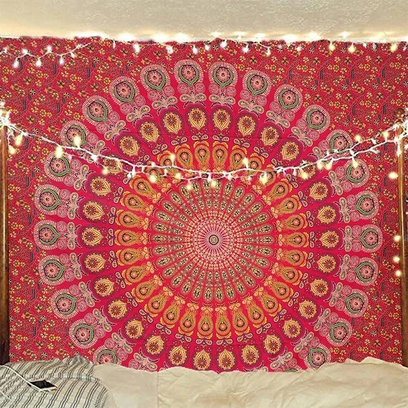 Indischer Hippie Bohemian psychedelisches Goldenes Blau Pfauen Mandala Wandbehang Feine Kunst Heimdekoration Wandteppich
