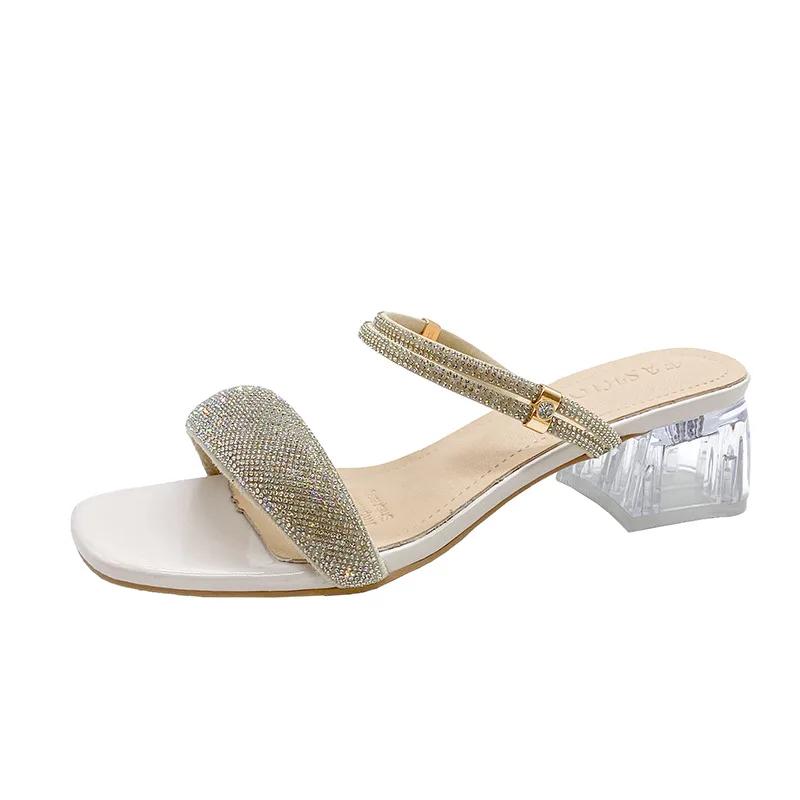 

Fashion Shiny Gold Silver Women s Sandals Summer 2025 Crystal High Heels Square Head Party Shoes Woman Thick Heel Slides Sandalias 41