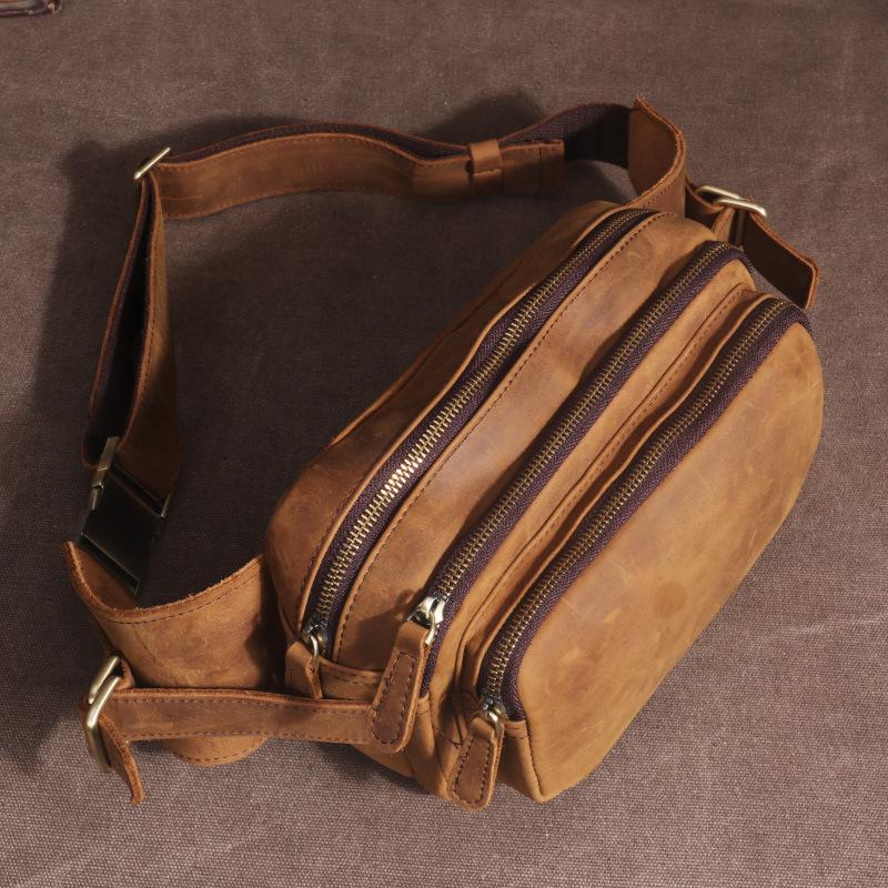 Real Leather Men's Bag, Multifunctional Men's Chest Bag, Cowhide Shoulder Crossbody Phone Bag, Crazy Horse Leather Waist Bag