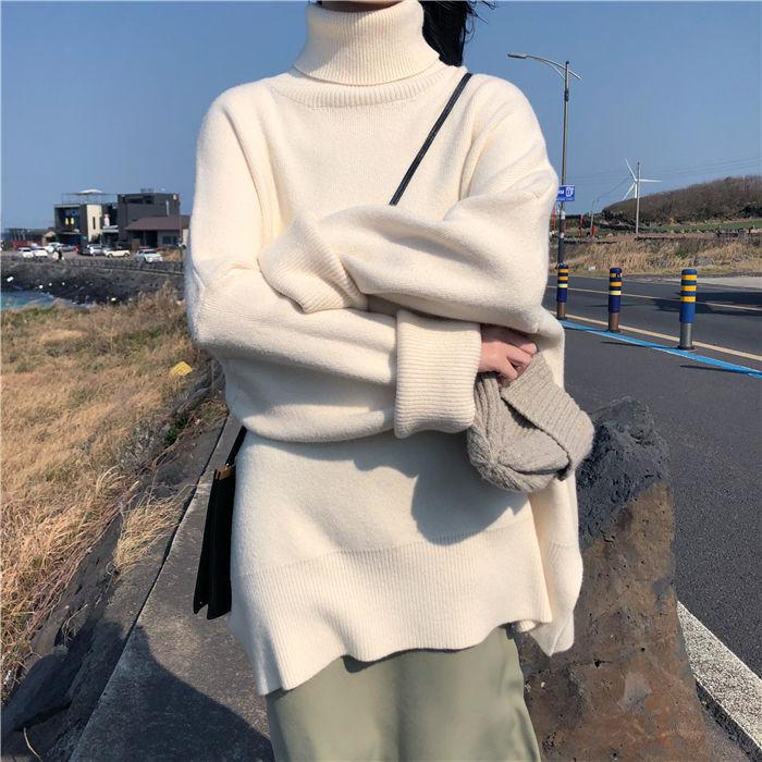 WTEMPO Turtleneck Sweaters Women Spring Autumn Solid Knitted Pullovers Oversize Basic Black Blue White Casual Jumper