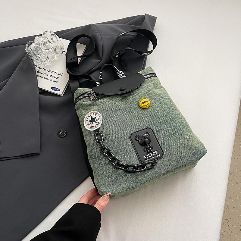 Denim Chain Small Backpack Women's Flip Bucket Bag Travel Backpack