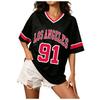 Women’s Short Sleeve V Neck Letter Print Sports Jersey Top Loose Mesh Shirt 91 Casual Style