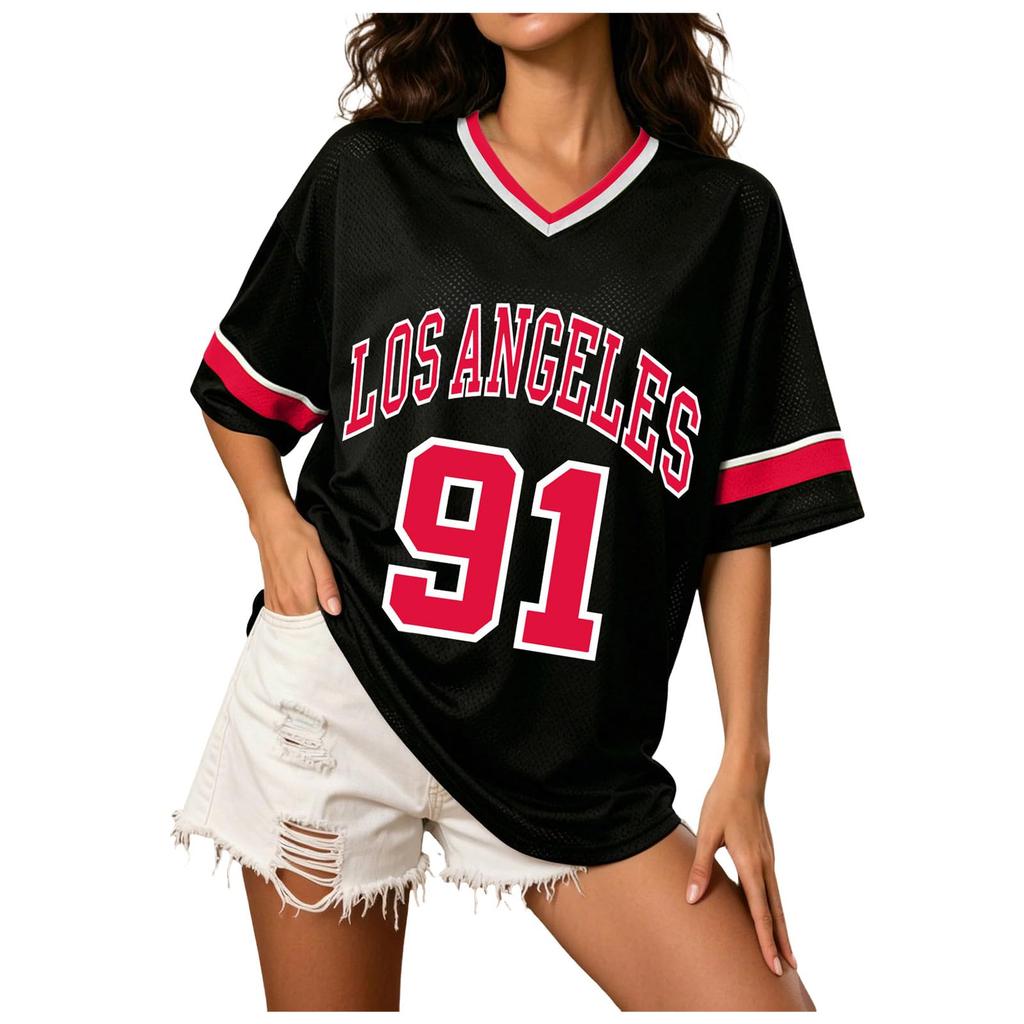 Women’s Short Sleeve V Neck Letter Print Sports Jersey Top Loose Mesh Shirt 91 Casual Style