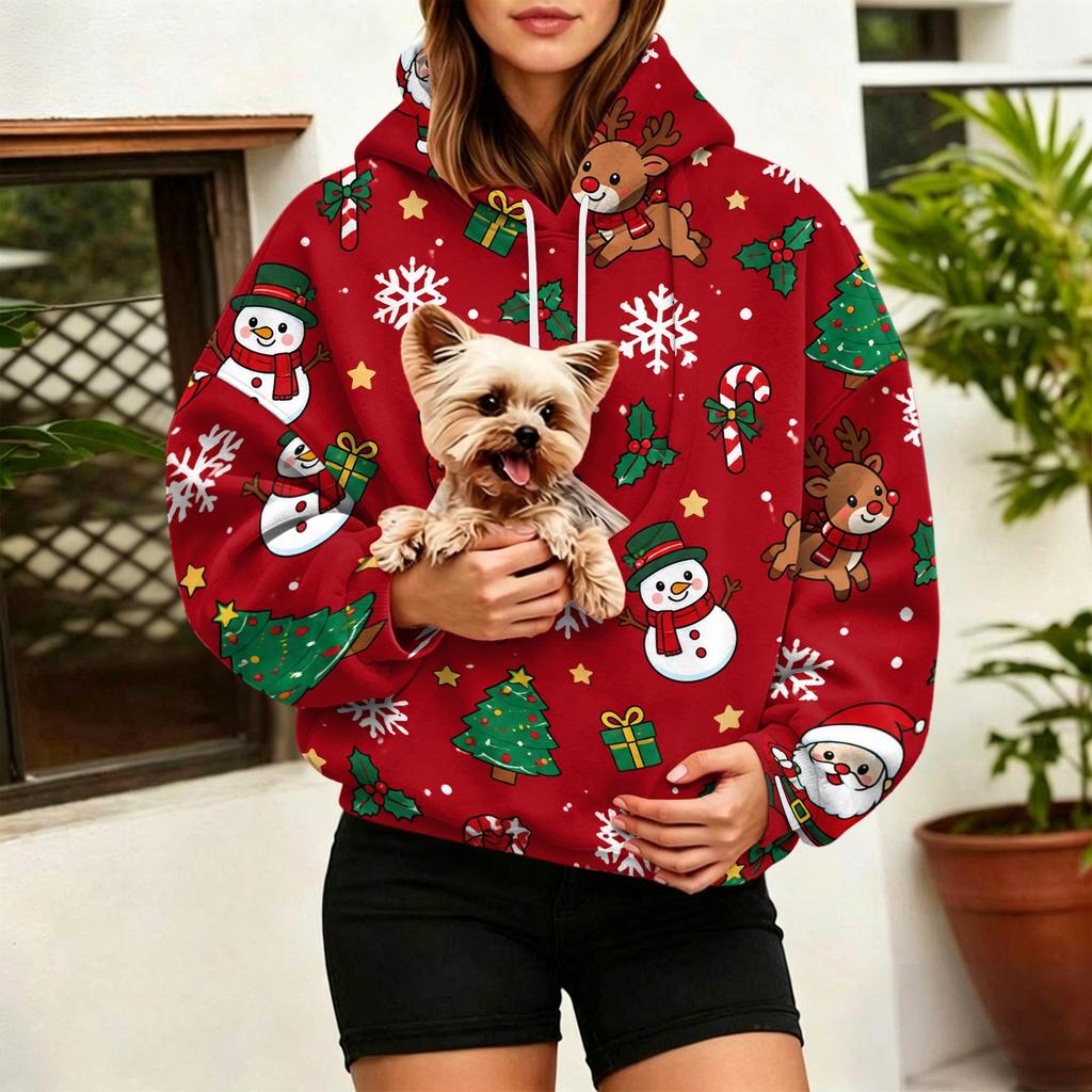 Damen Mode Weihnachtsdruck Pullover Hoodie mit großer Haustier Tasche für Freizeitkleidung