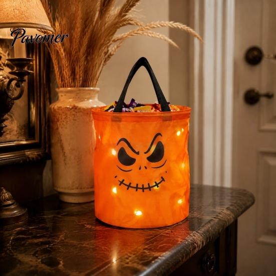 Durable Fabric Pumpkin Treat Bag Glowing Candy with LED Lights, Reusable Halloween Trick or Pail Tote for Kids, Handbag Party Favors Light Up