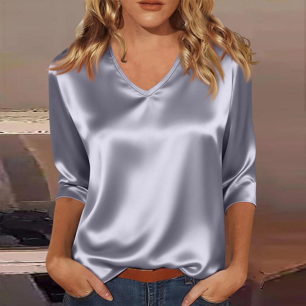 Women's V-neck Three-quarter Sleeve Satin Shirt Top, Lightweight For Spring And Summer