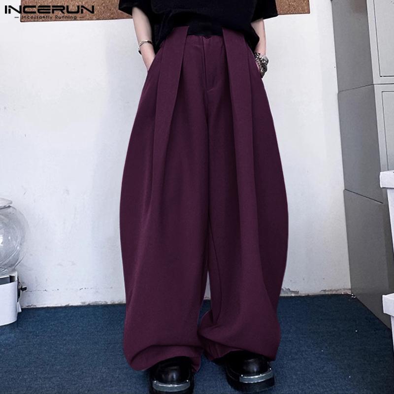INCERUN Men's High Waist Zipper Ruffled Long Wide Legs Pants Trousers