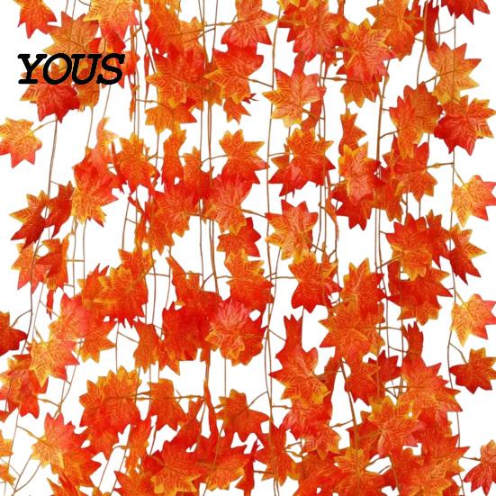 Orange Red Autumn Leaf Decor Artificial Maple Garland, Hanging Plant Fake Fall Wall Rattan, Gradient Leaves for Thanksgiving Home Foliage Vines