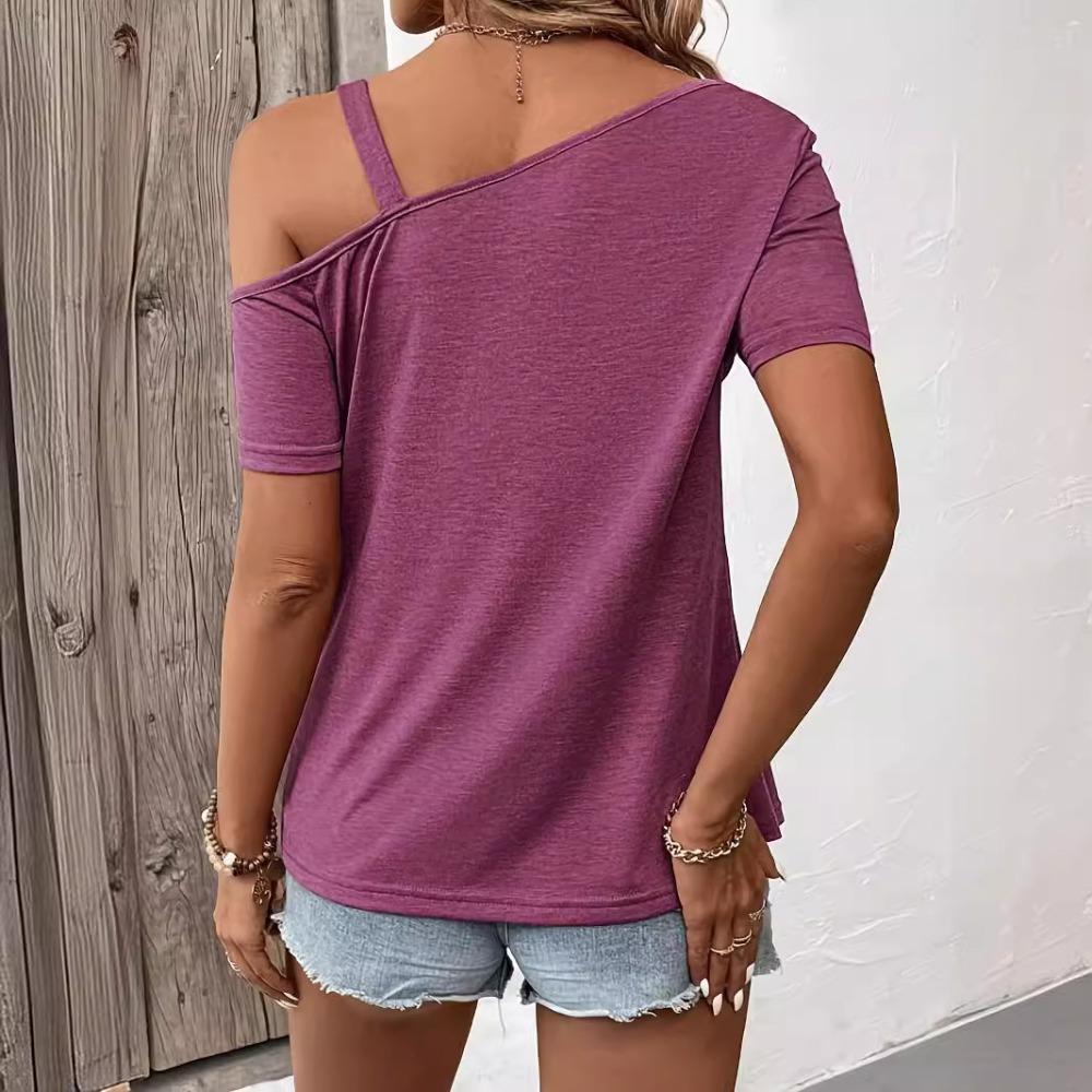 Women's Asymmetric Strapless Metal Single Button Loose Short Sleeve Skinny T-Shirt