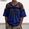 INCERUN Men Casual V Neck Short Sleeve Lace Sheer Patchwork Tops