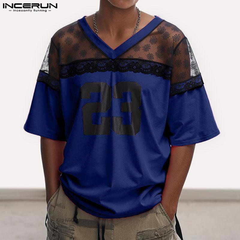 INCERUN Men Casual V Neck Short Sleeve Lace Sheer Patchwork Tops