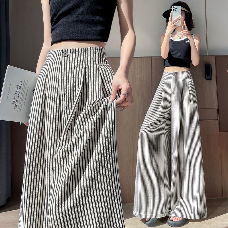 Women's 2026 Summer Ice Silk Striped Wide-Leg Pants: High-Waisted, Loose, Casual, Cotton-Linen, Floor-Length, Straight-Leg Fit