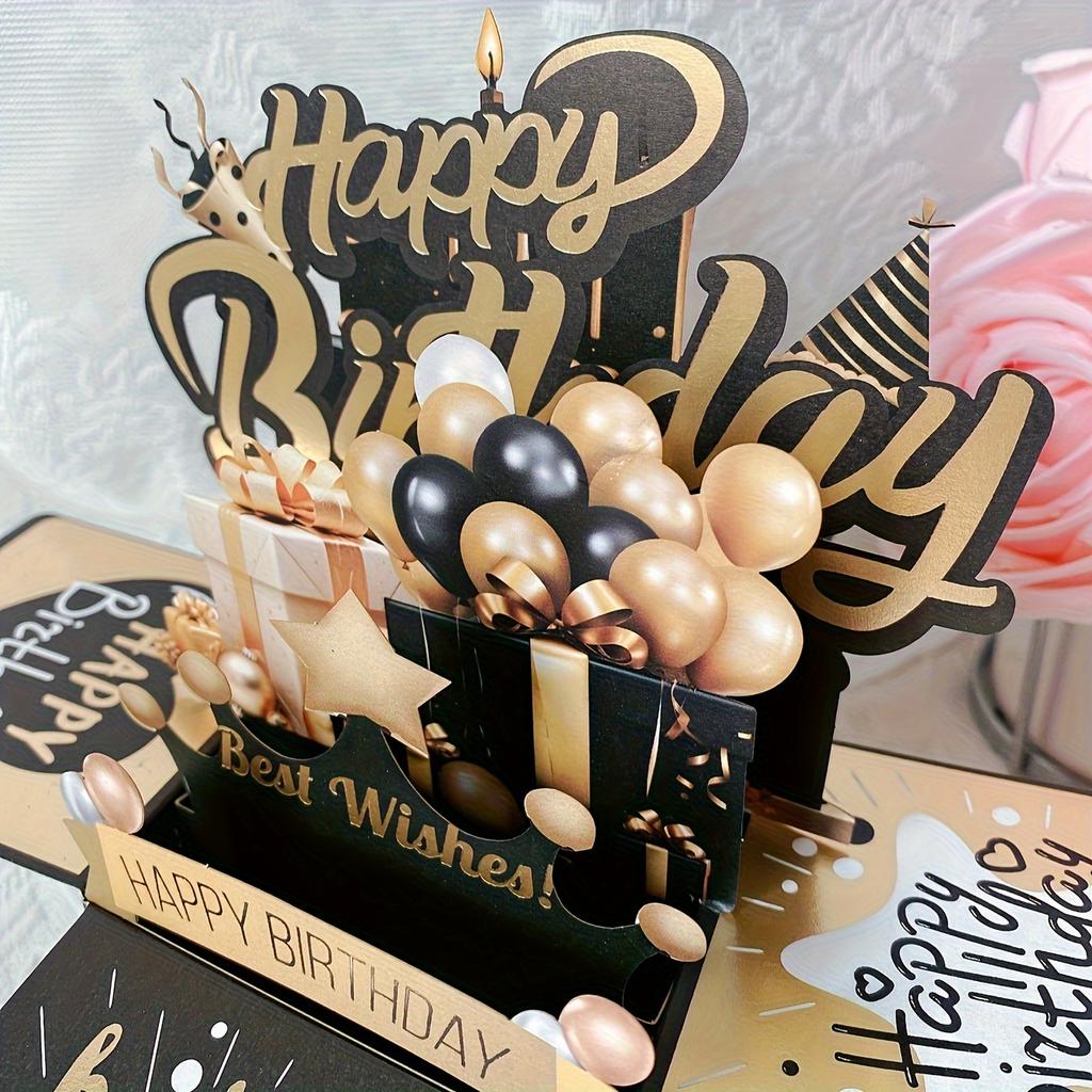 3D Pop Up Black Golden Happy Birthday Greeting Card Gift Greeting Cards For Birthday with Envelope Blessing Postcard Party Gifts