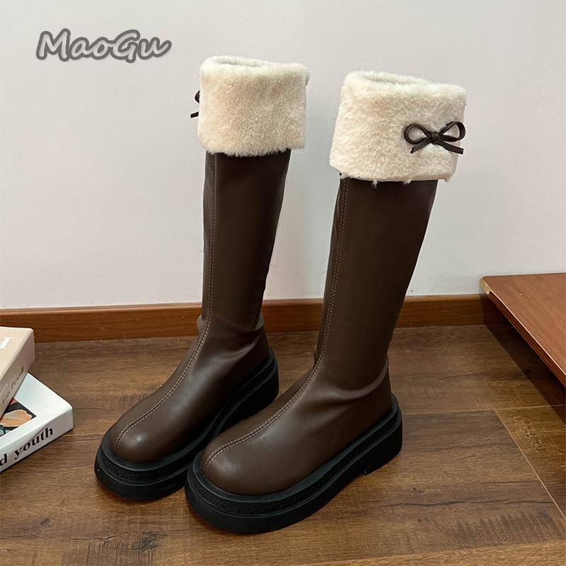 

Модные осенне-зимние женские ботфорты из короткого плюша, модные ботфорты-рыцари с круглым носком, женские зимние ботильоны, размер 35-39, коричневые 35