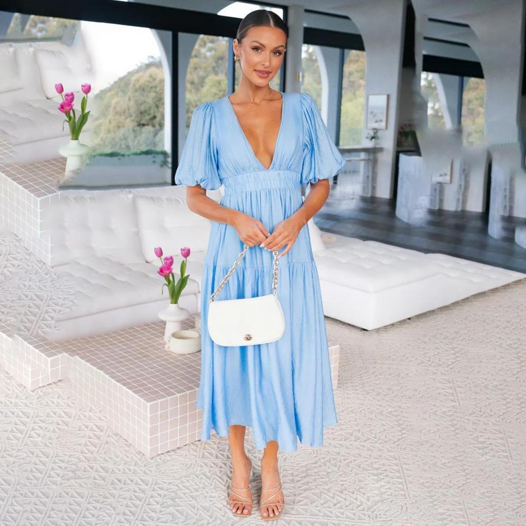 Dámské jarní jednobarevné šaty s krátkým nabíraným rukávem letní ležérní šaty s výstřihem do V a vysokým pasem ke kotníkům S-XL