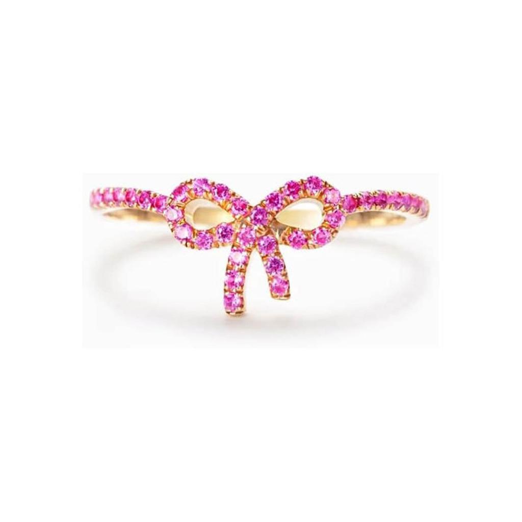 Pink Crystal Bowknot Rings for Women Girls Sweet Cool Butterfly Knot Finger Rings Party Fashion Jewelry Gift Accessories