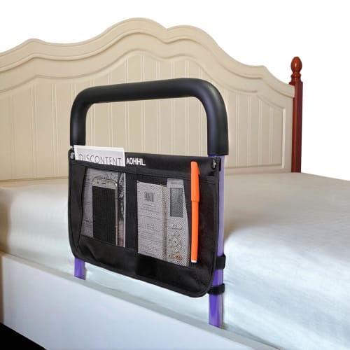 

Bed Guard Side Rail for Adults, Standing Up Handrail, Side Rail, Bed Fall Prevention Assist Rail with Storage Pocket, Folding Bed Guard (Purple)