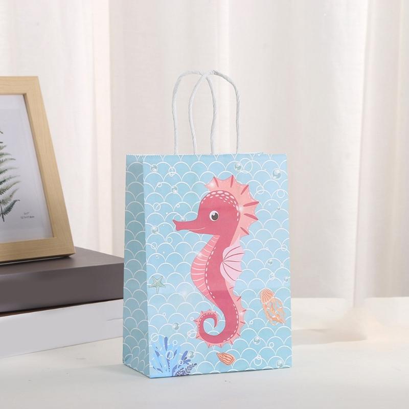 12pcs Mermaids Print Paper Gift Packaging Bag Ocean Themed Party Favors Bags with Handle Holiday Celebration Supplies