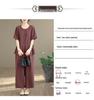 Women's Large Size Tencel Cotton-Linen Summer Suit: Slimming Round Neck Top & Wide-Leg Pants Two-Piece Set