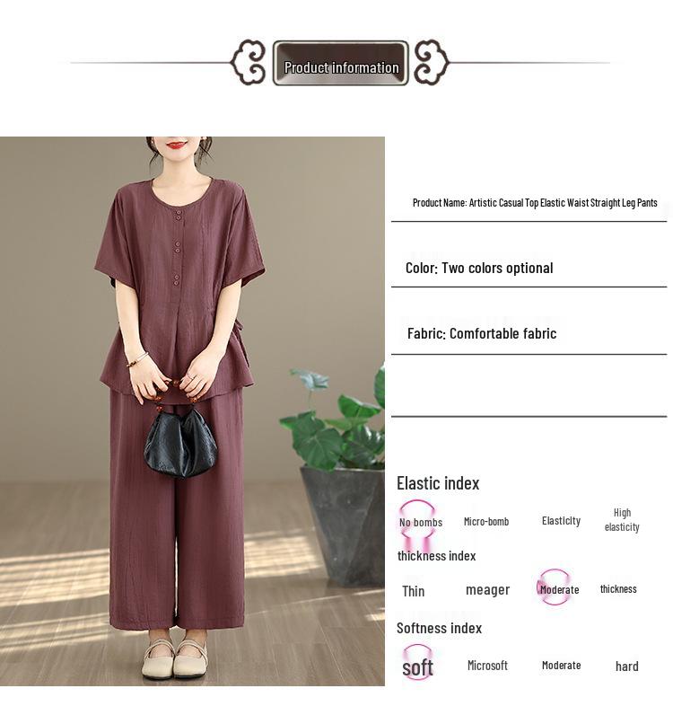 Women's Large Size Tencel Cotton-Linen Summer Suit: Slimming Round Neck Top & Wide-Leg Pants Two-Piece Set