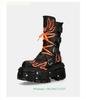 Retro Dark Style Punk Motorcycle Boots Flame Thick-Soled Boots Men/women Rock Boots Lace Up Belt Buckle Mid-Calf Boots
