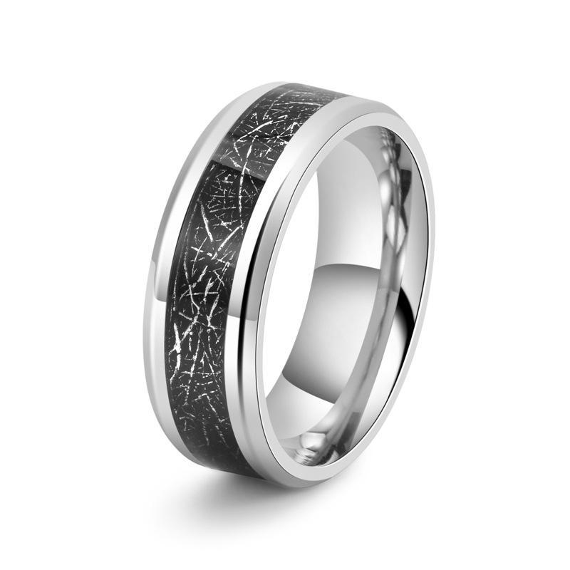 Black Titanium Steel Men s Ring 8mm Wide Minimalist Sporty Band with Black Inlay No. 7 серебряный