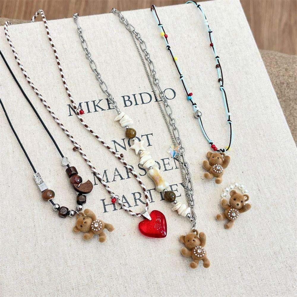 Sweet Bear Pendant Necklace Funny Sweet Choker Cute Flocked Bear Necklace  Sweater Chain