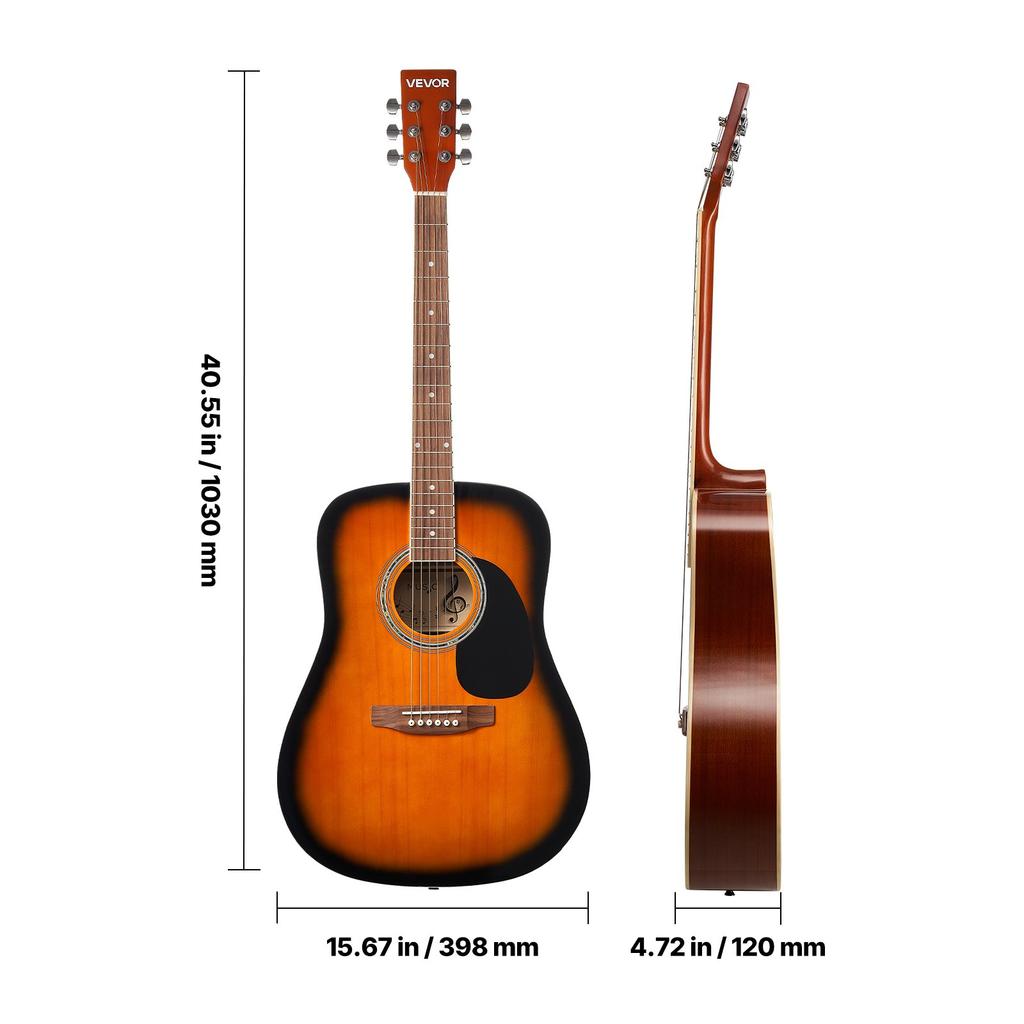 VEVOR 41 in / 1041.4 mm Dreadnought Acoustic Guitar Beginner Bundle Gig Bag Adult Sunburst