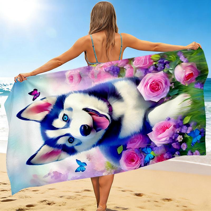 1Pc Blue Husky Flowers Beach Towel Quick Dry Multiuse For Beach Pool Gym Yoga Home Travel Christmas Halloween Xmas Gift G138