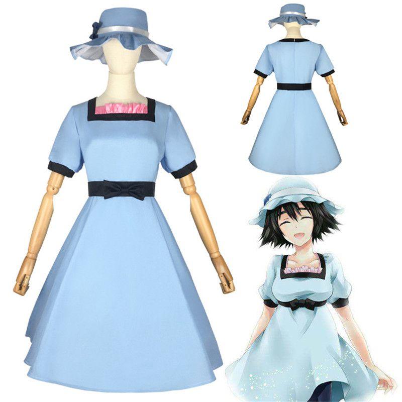 Stylish Steins Gate Shiina Mayuri Cosplay Costume Women Charming Blue Dress With Hat