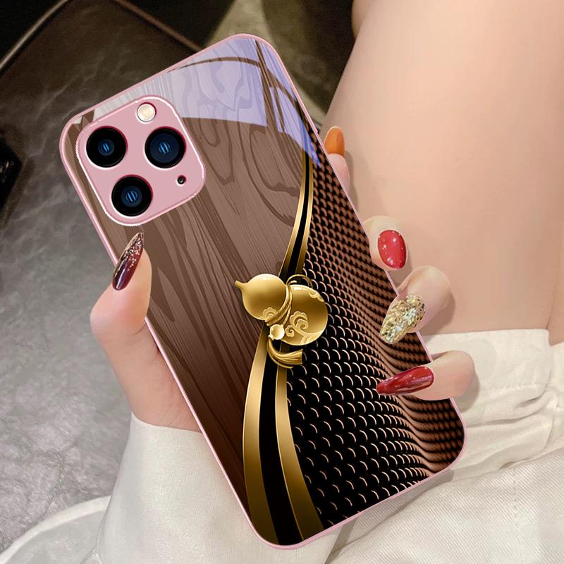 Holzmaserung Goldene Kürbis für iPhone 15 Pro 14 13 12 Mini 11 XS Max XR 7 8 Plus SE 2020 2022 Gehärtetes Glas Handyhülle