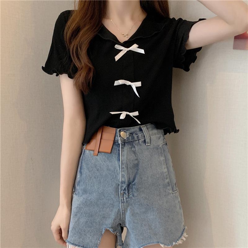 

Модная футболка с V-образным вырезом и короткими рукавами, с узором «ухо-ухо», с бантом, трикотажная рубашка, женская свободная тонкая универсальная футболка, повседневная, облегающая, с пуловерами, футболки One Size чёрный
