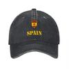 SPAIN FLAG EMBROIDERED WASHED COTTON BASEBALL CAP CLASSIC ADJUSTABLE HAT WITH GOLD LOGO AND SHIELD DESIGN FOR Unisex AND Women