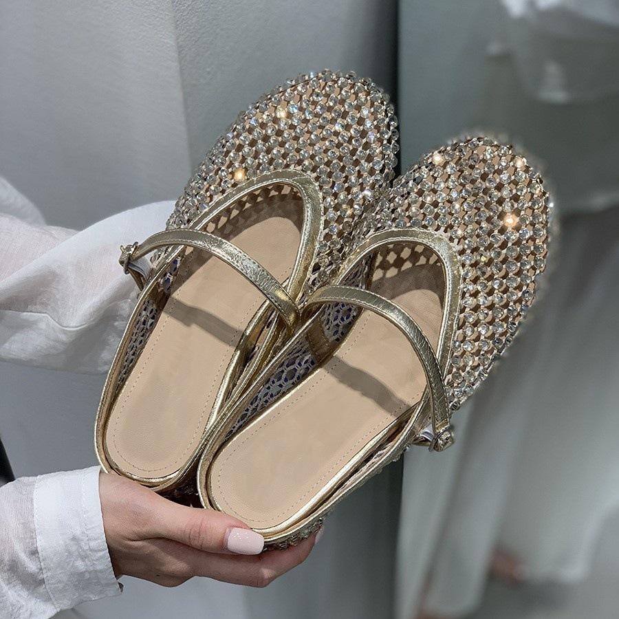 Inner height increase golden rhinestone mesh hollow bag head half slippers women's shoes outer wear 2025 summer Mary Jane sandals