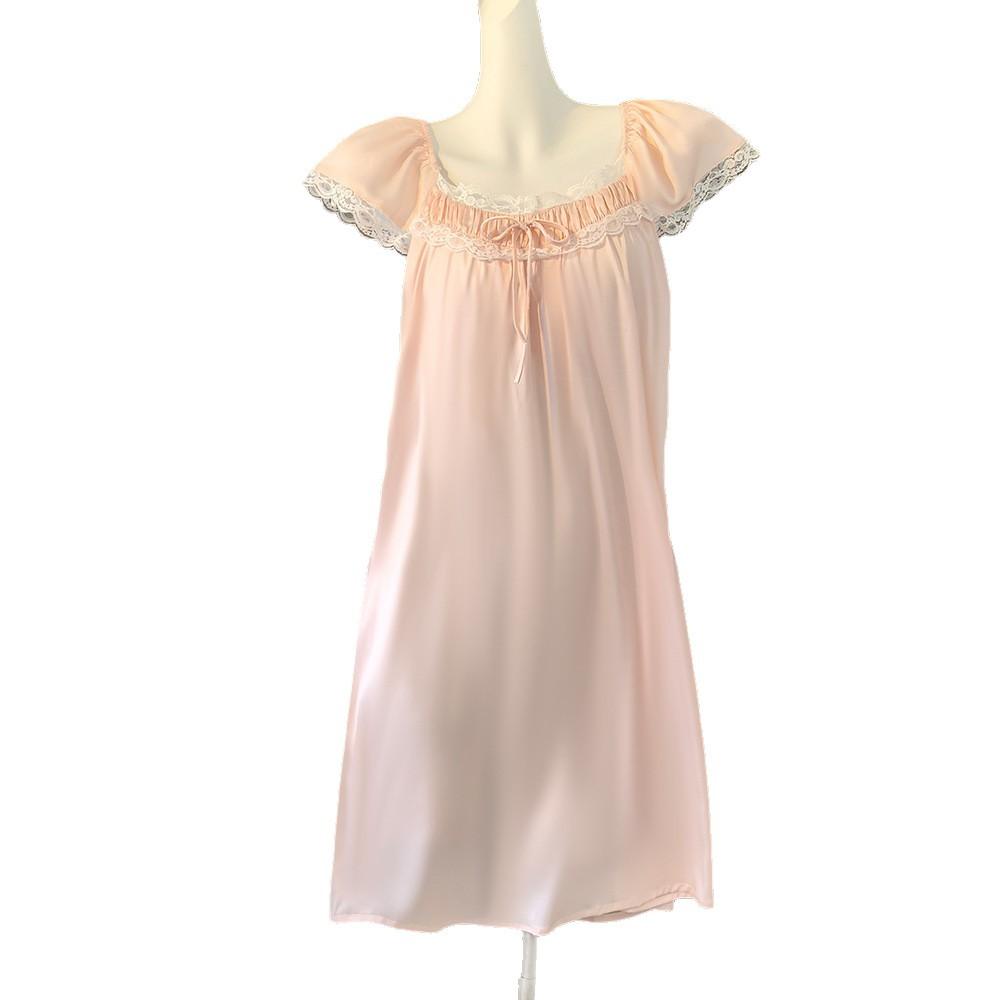 Girly lace short-sleeved nightgown women's summer with chest pad pure desire wind loungewear women's imitation silk ice silk pajamas women's summer