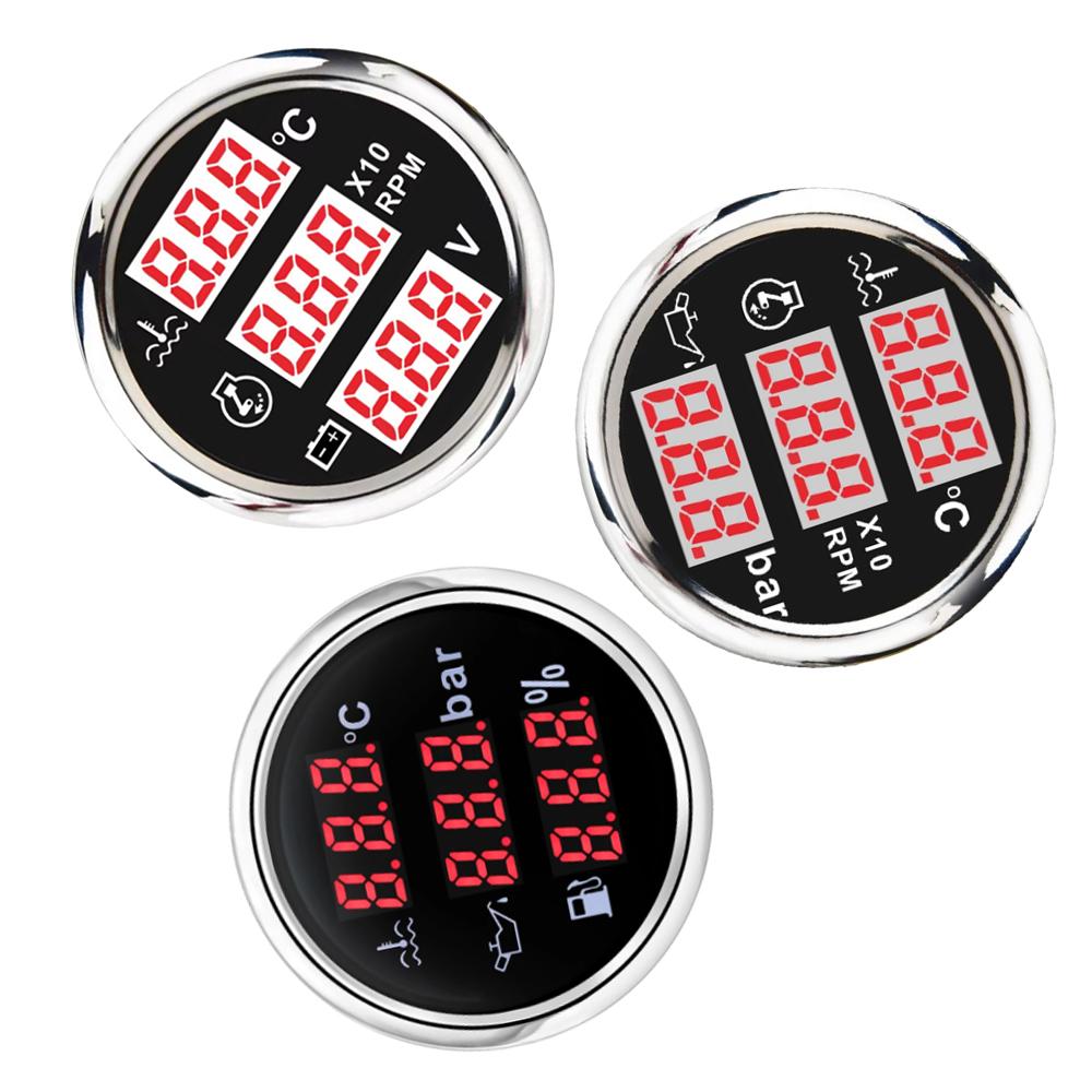 52mm 12V24V 0-120 C Car 3 IN 1 Gauge Water Temperature +Oil Pressure +Voltmeter with Alarm Red LED Digital Water Temp Gauge