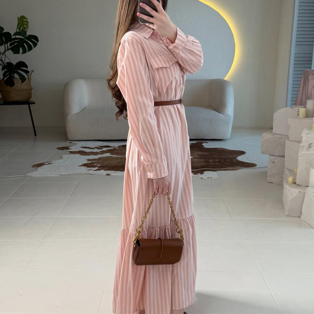 European and American Women's Clothing 2026 Summer New Temperament Commuting Daily Striped Shirt Collar Belt Waist Dress